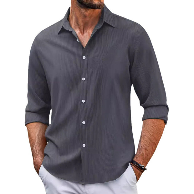 In Stock Spring And Autumn Jacquard Casual Men's Lapel Long Sleeve Shirt