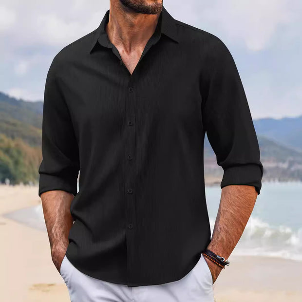 In Stock Spring And Autumn Jacquard Casual Men's Lapel Long Sleeve Shirt
