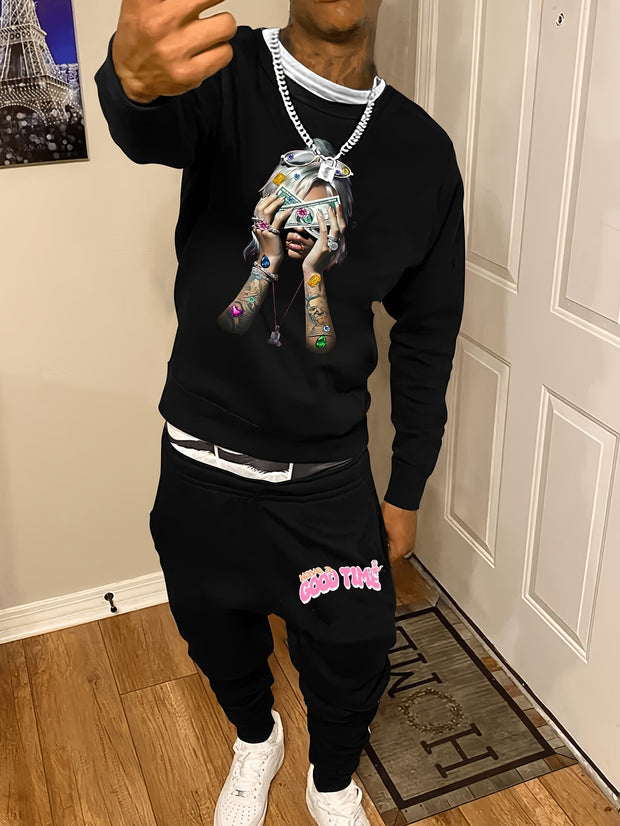 Men's Casual Fashion Round Neck Sweater Sport Pants Suit